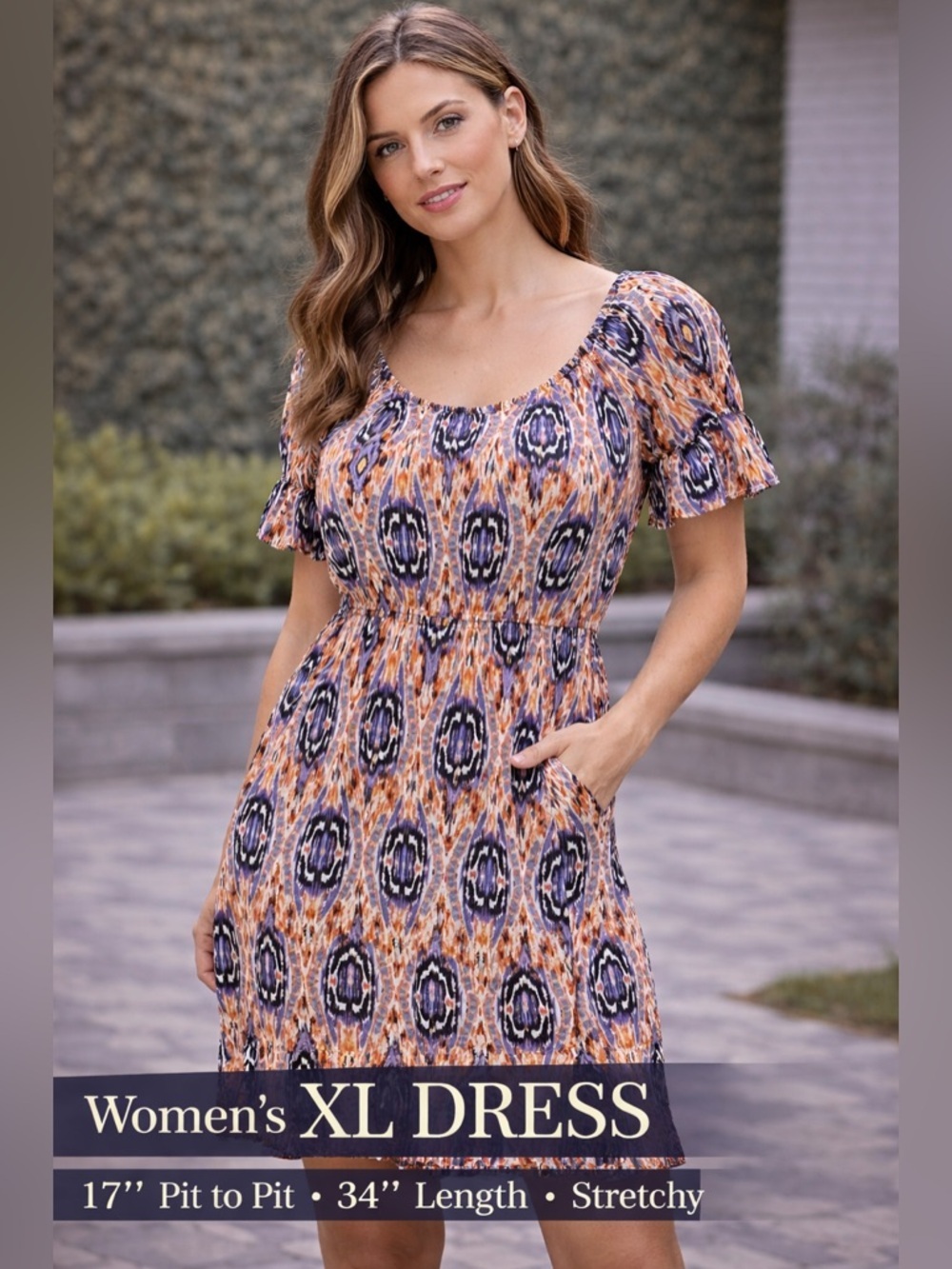 New look Women's XL Printed Short Sleeve Dress - Orange & Navy